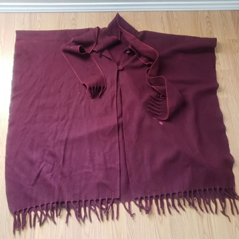 Pullover Poncho Cape with Scarf Fringed Hem